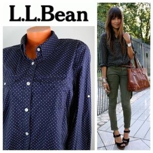 L.L. Bean Navy & White Polka Dot Button Up Long Sleeve Top, size L